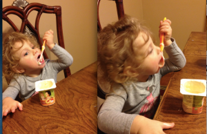 Left: Finally discovered the reason >> a MAMA on the yoguhrt (not that N looks anything like this). Right: G eating her yummy yoghurt