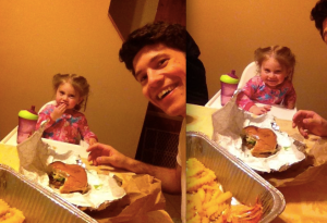 Left: her munching on her french fried. Right: Her being super excited about discovering the french fries.