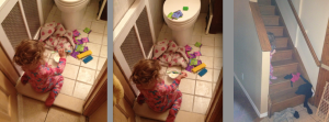 Left: Her journey into the bathroom (with the yoghurt of course). Center: Eating yummy yoghurt in the bathroom. Right: You know it has reached the highest status if she decides to hide and guard it on the steps #sacredyoghurt